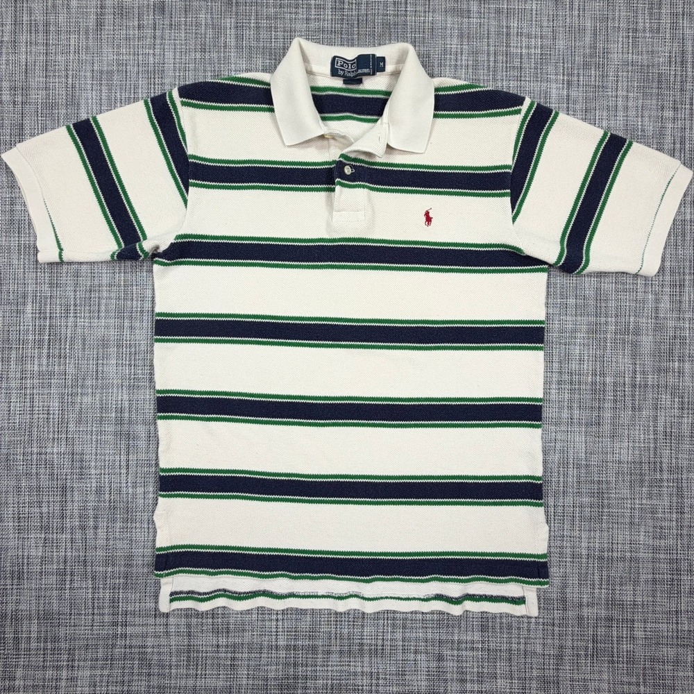 Polo Ralph Lauren Mens Medium Striped Polo Shirt Cream Navy Green Cotton Pique